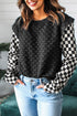 Textured Checkered Print Patchwork Long Sleeve Top