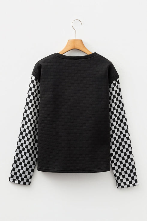 Textured Checkered Print Patchwork Long Sleeve Top