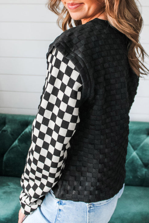 Textured Checkered Print Patchwork Long Sleeve Top