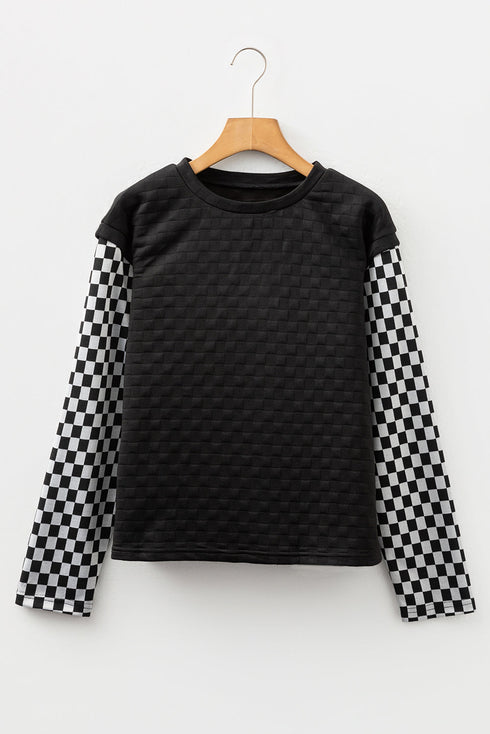 Textured Checkered Print Patchwork Long Sleeve Top