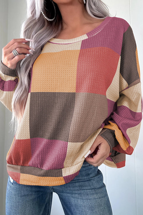 Textured Checkered Print Relaxed Fit Long Sleeve Knit Top