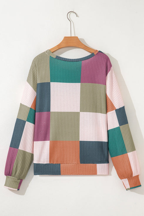 Textured Checkered Print Relaxed Fit Long Sleeve Knit Top