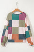 Textured Checkered Print Relaxed Fit Long Sleeve Knit Top