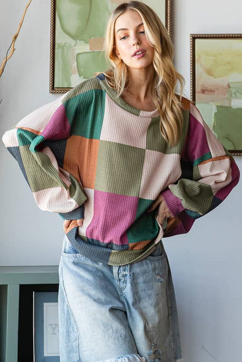 Textured Checkered Print Relaxed Fit Long Sleeve Knit Top