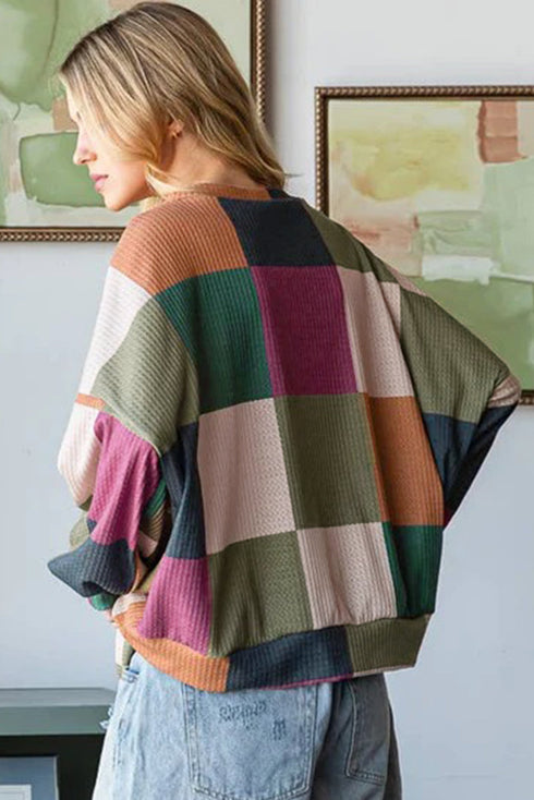 Textured Checkered Print Relaxed Fit Long Sleeve Knit Top