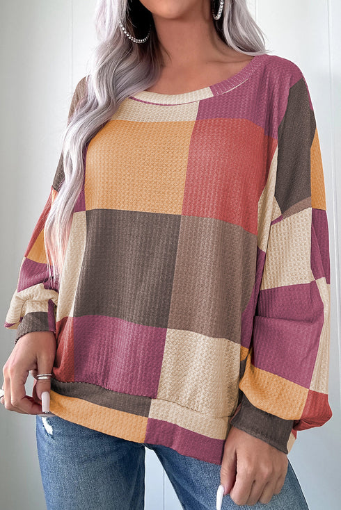 Textured Checkered Print Relaxed Fit Long Sleeve Knit Top