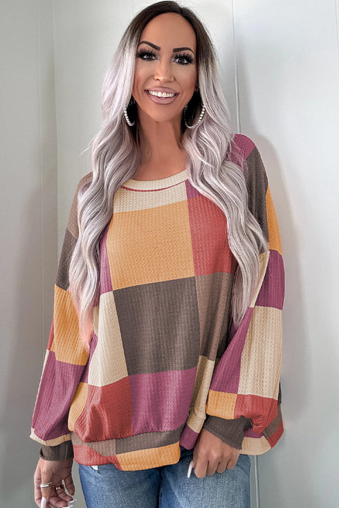 Textured Checkered Print Relaxed Fit Long Sleeve Knit Top