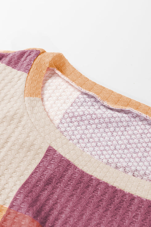 Textured Checkered Print Relaxed Fit Long Sleeve Knit Top