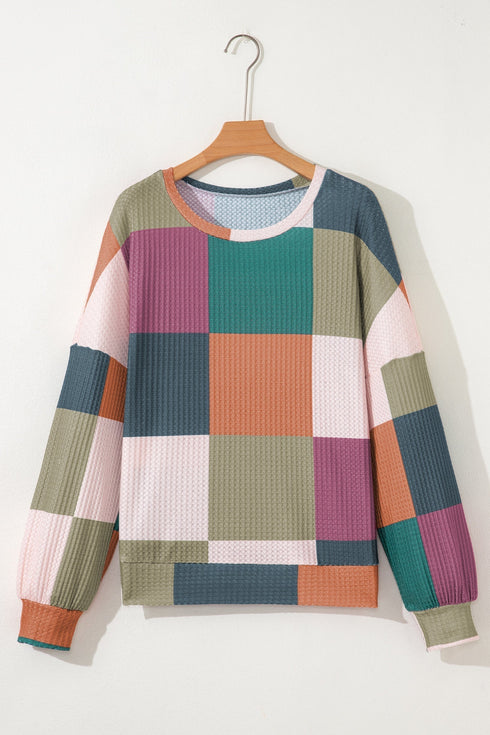 Textured Checkered Print Relaxed Fit Long Sleeve Knit Top