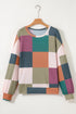 Textured Checkered Print Relaxed Fit Long Sleeve Knit Top