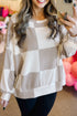 Textured Checkered Print Round Neck Long Sleeve Top