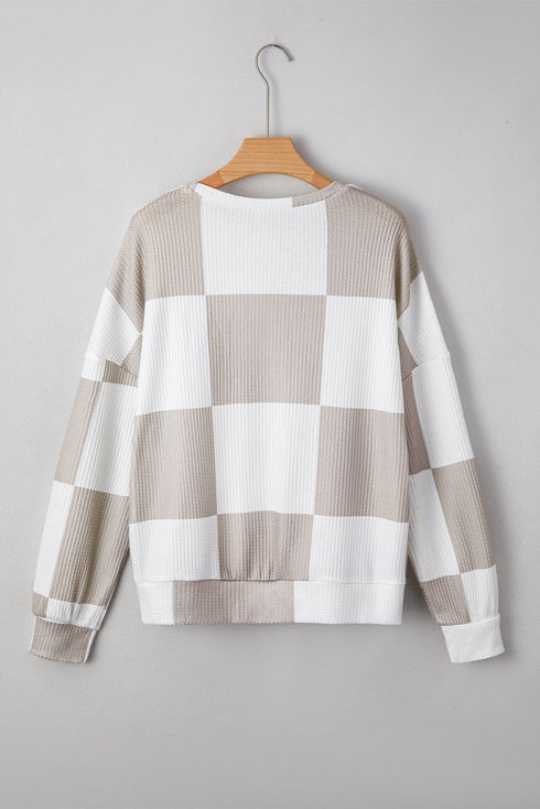 Textured Checkered Print Round Neck Long Sleeve Top