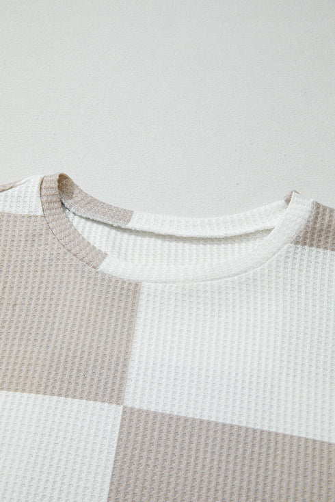 Textured Checkered Print Round Neck Long Sleeve Top