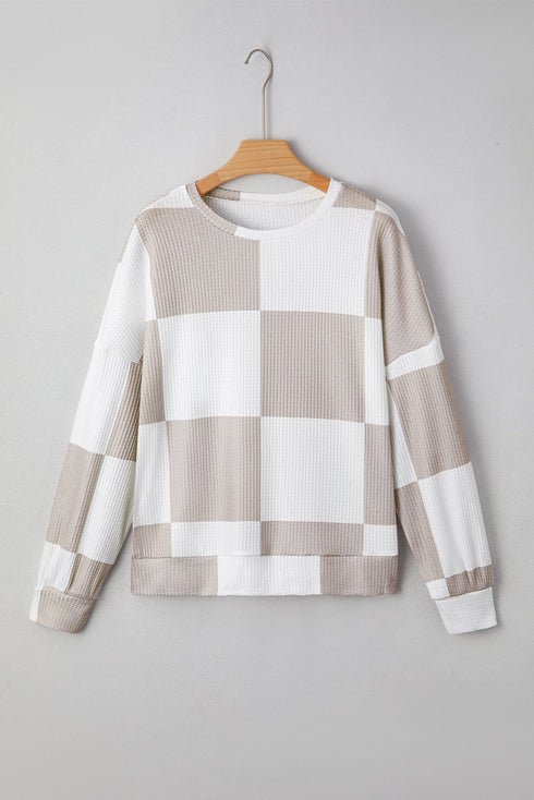 Textured Checkered Print Round Neck Long Sleeve Top