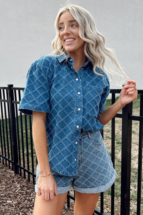 Textured Checkered Short Sleeve Button Up Denim Shirt