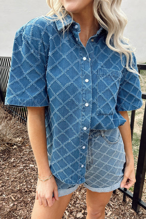 Textured Checkered Short Sleeve Button Up Denim Shirt