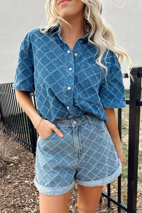 Textured Checkered Short Sleeve Button Up Denim Shirt