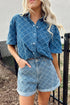 Textured Checkered Short Sleeve Button Up Denim Shirt