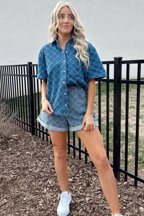 Textured Checkered Short Sleeve Button Up Denim Shirt