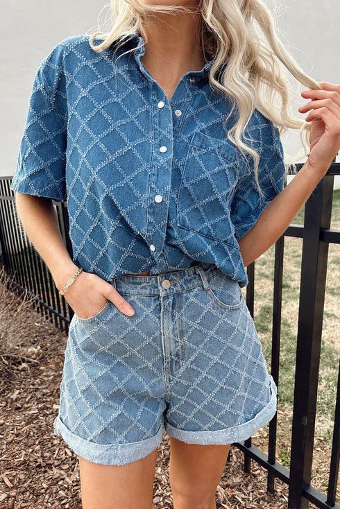 Textured Checkered Short Sleeve Button Up Denim Shirt