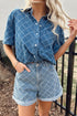 Textured Checkered Short Sleeve Button Up Denim Shirt