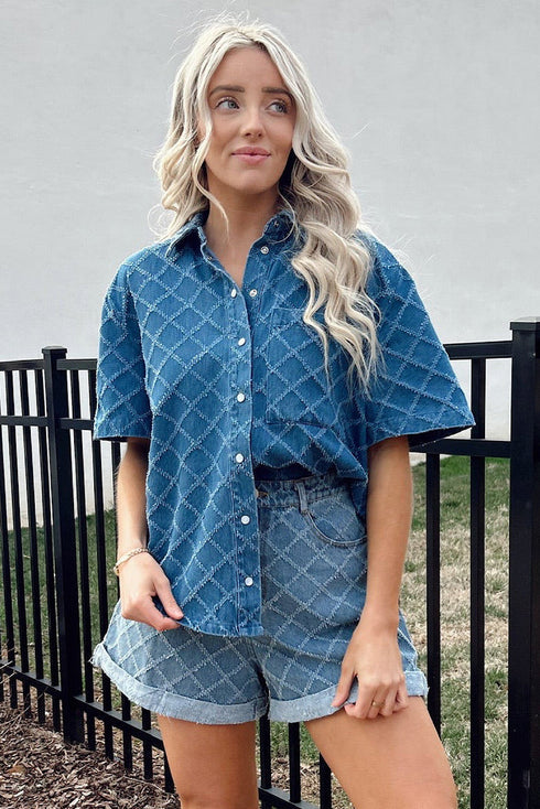 Textured Checkered Short Sleeve Button Up Denim Shirt