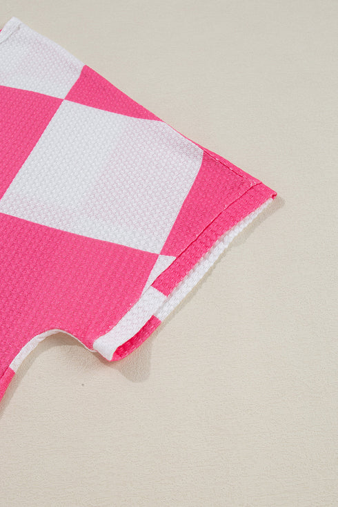 Textured Checkered Waffle Knit Round Neck T Shirt