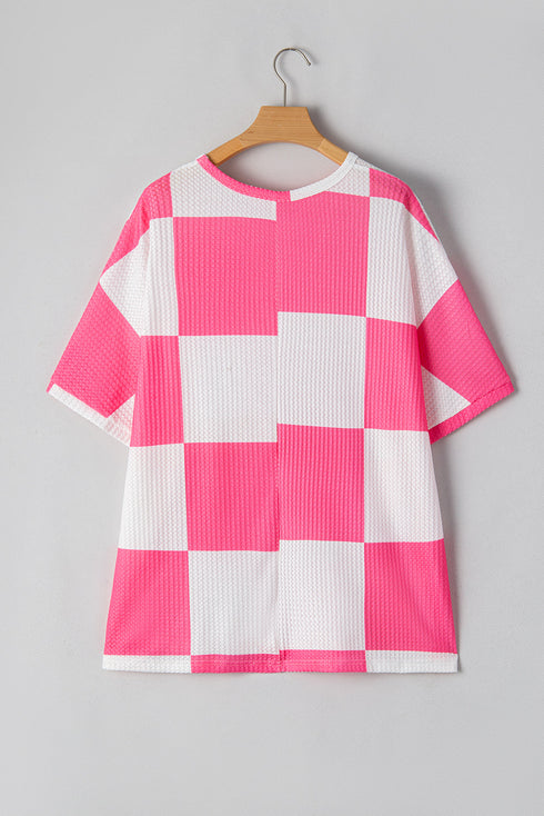 Textured Checkered Waffle Knit Round Neck T Shirt