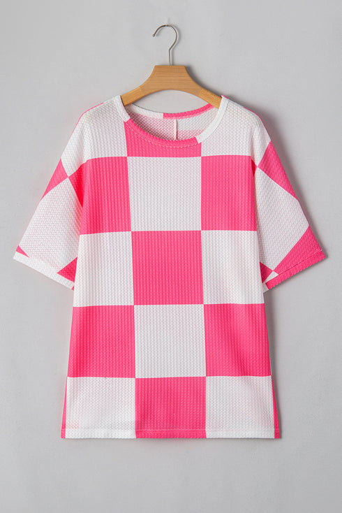 Textured Checkered Waffle Knit Round Neck T Shirt