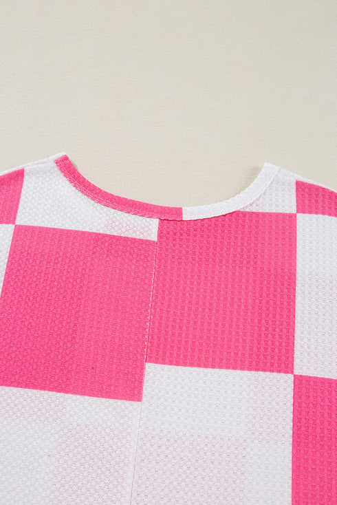 Textured Checkered Waffle Knit Round Neck T Shirt