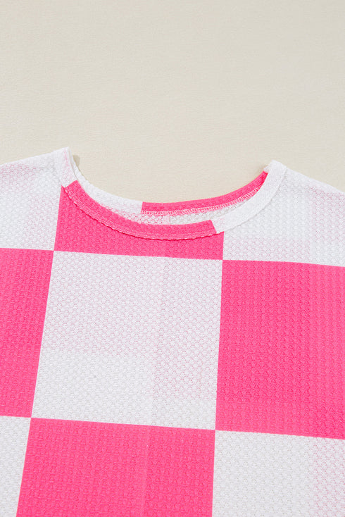 Textured Checkered Waffle Knit Round Neck T Shirt