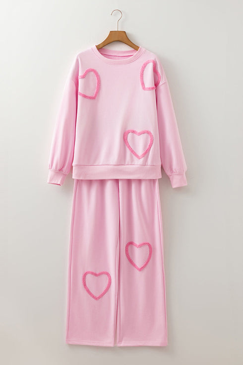 Textured Chenille Heart Print Wide Leg Pant Set