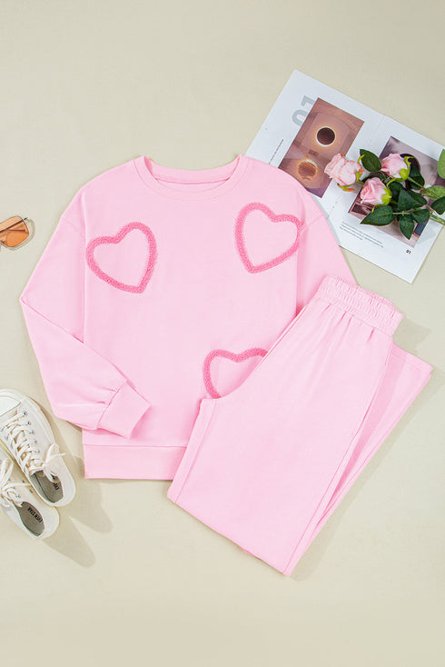 Textured Chenille Heart Print Wide Leg Pant Set