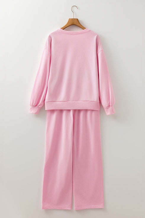 Textured Chenille Heart Print Wide Leg Pant Set
