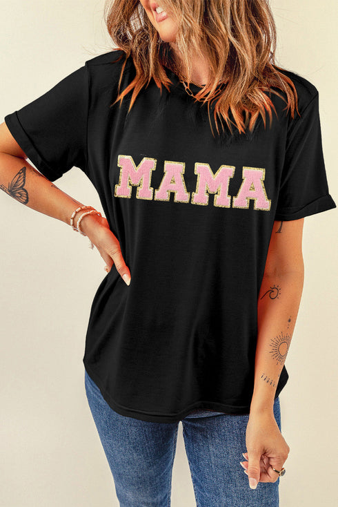 Textured Chenille Mama Letter Graphic Short Sleeve Tee