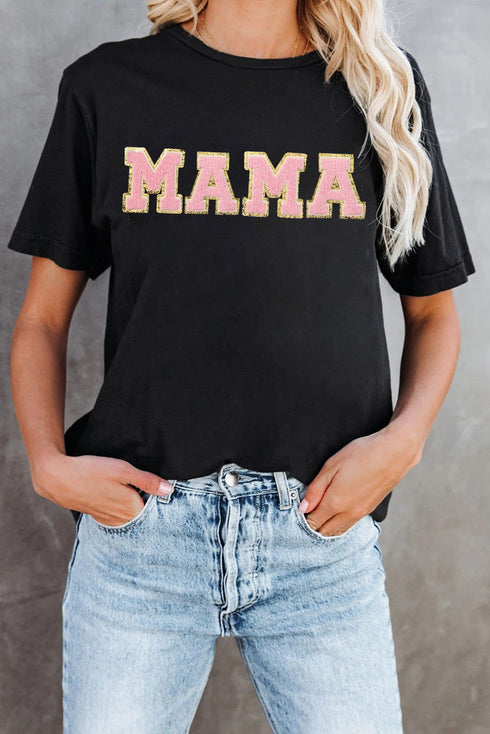 Textured Chenille Mama Letter Graphic Short Sleeve Tee