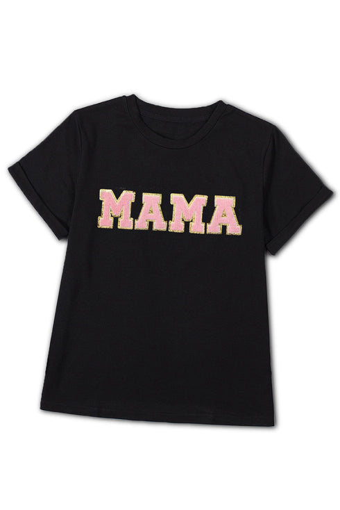Textured Chenille Mama Letter Graphic Short Sleeve Tee