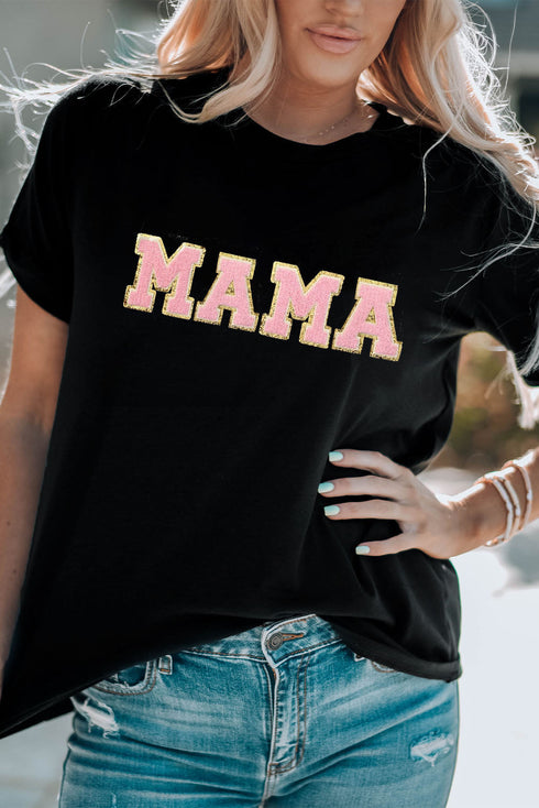 Textured Chenille Mama Letter Graphic Short Sleeve Tee