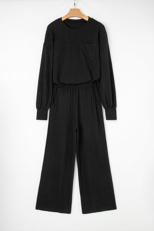 Textured Chest Pocket Long Sleeve Wide Leg Pant Sets