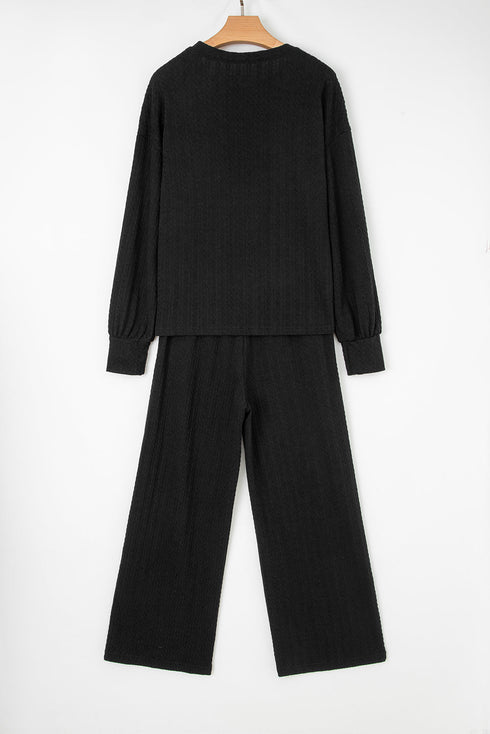 Textured Chest Pocket Long Sleeve Wide Leg Pant Sets
