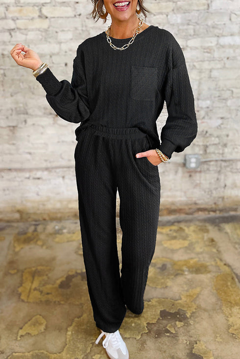 Textured Chest Pocket Long Sleeve Wide Leg Pant Sets