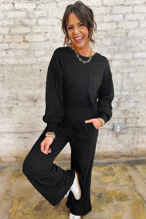 Textured Chest Pocket Long Sleeve Wide Leg Pant Sets