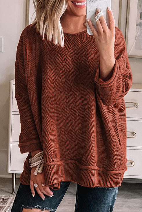 Textured Chevron Knit Drop Shoulder Tunic Sweater