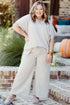 Textured Collared Top And Wide Leg Pants Loungewear