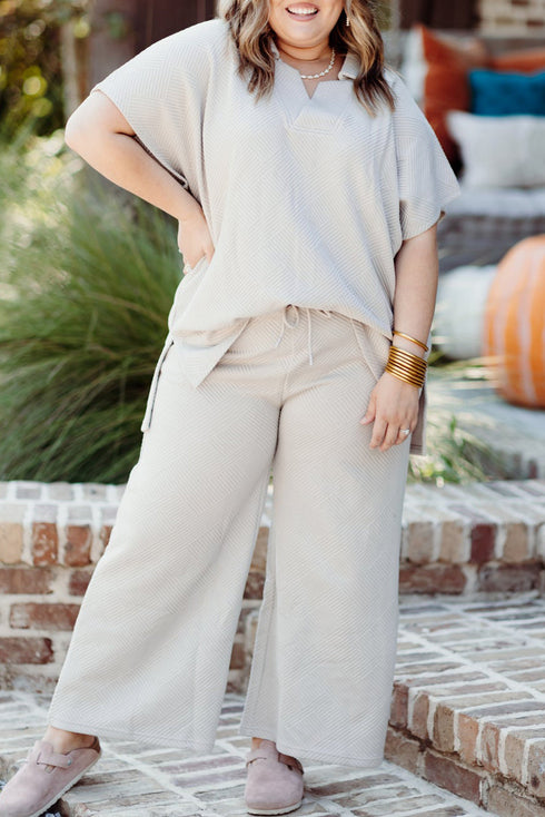 Textured Collared Top And Wide Leg Pants Loungewear