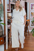Textured Collared Top And Wide Leg Pants Loungewear