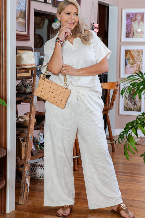 Textured Collared Top And Wide Leg Pants Loungewear