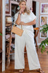 Textured Collared Top And Wide Leg Pants Loungewear