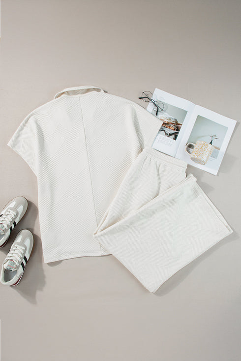 Textured Collared Top And Wide Leg Pants Loungewear