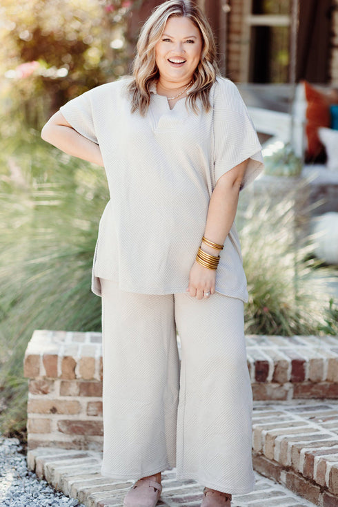 Textured Collared Top And Wide Leg Pants Loungewear